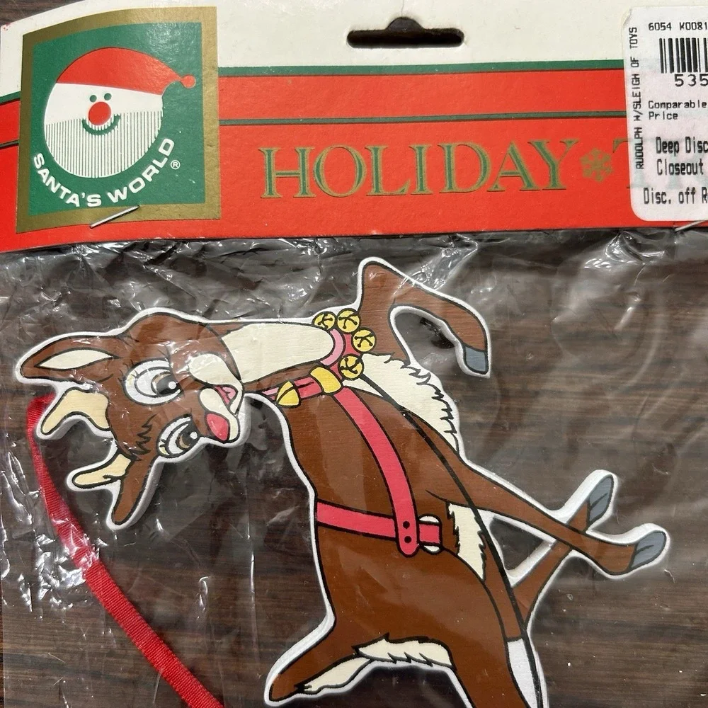 Vintage Kurt Adler Wood Christmas Ornament Rudolph Sleigh Toys NOS Santa's World